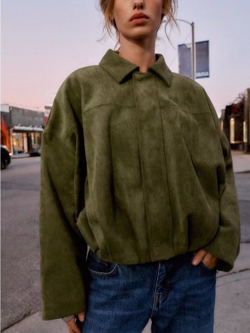 Zara Olive Green Suede Bomber Jacket